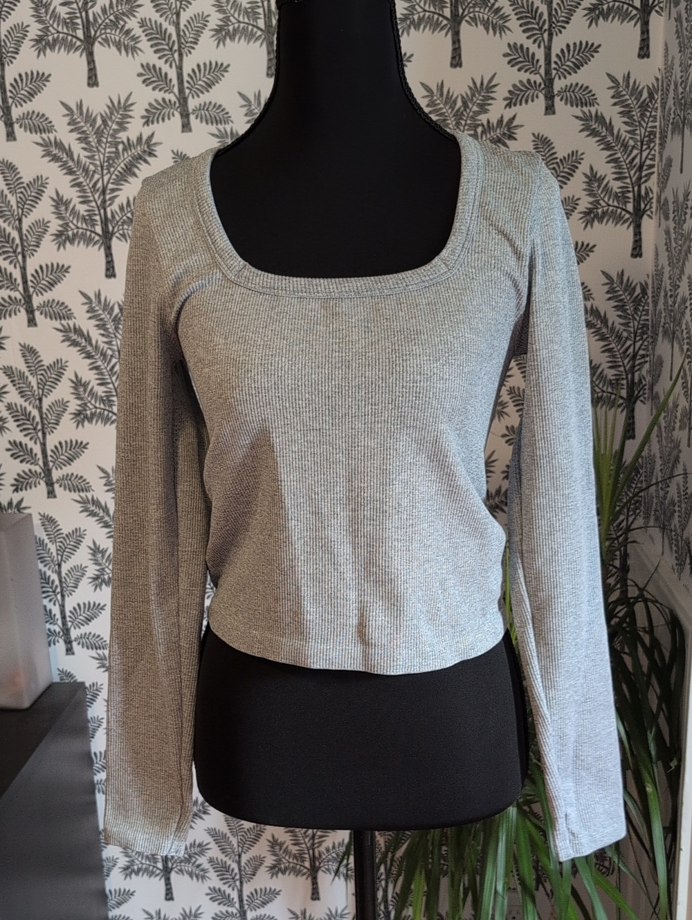 90 Degree By Reflex Ribbed Square-Neck Long Sleeve Top — Light Gray